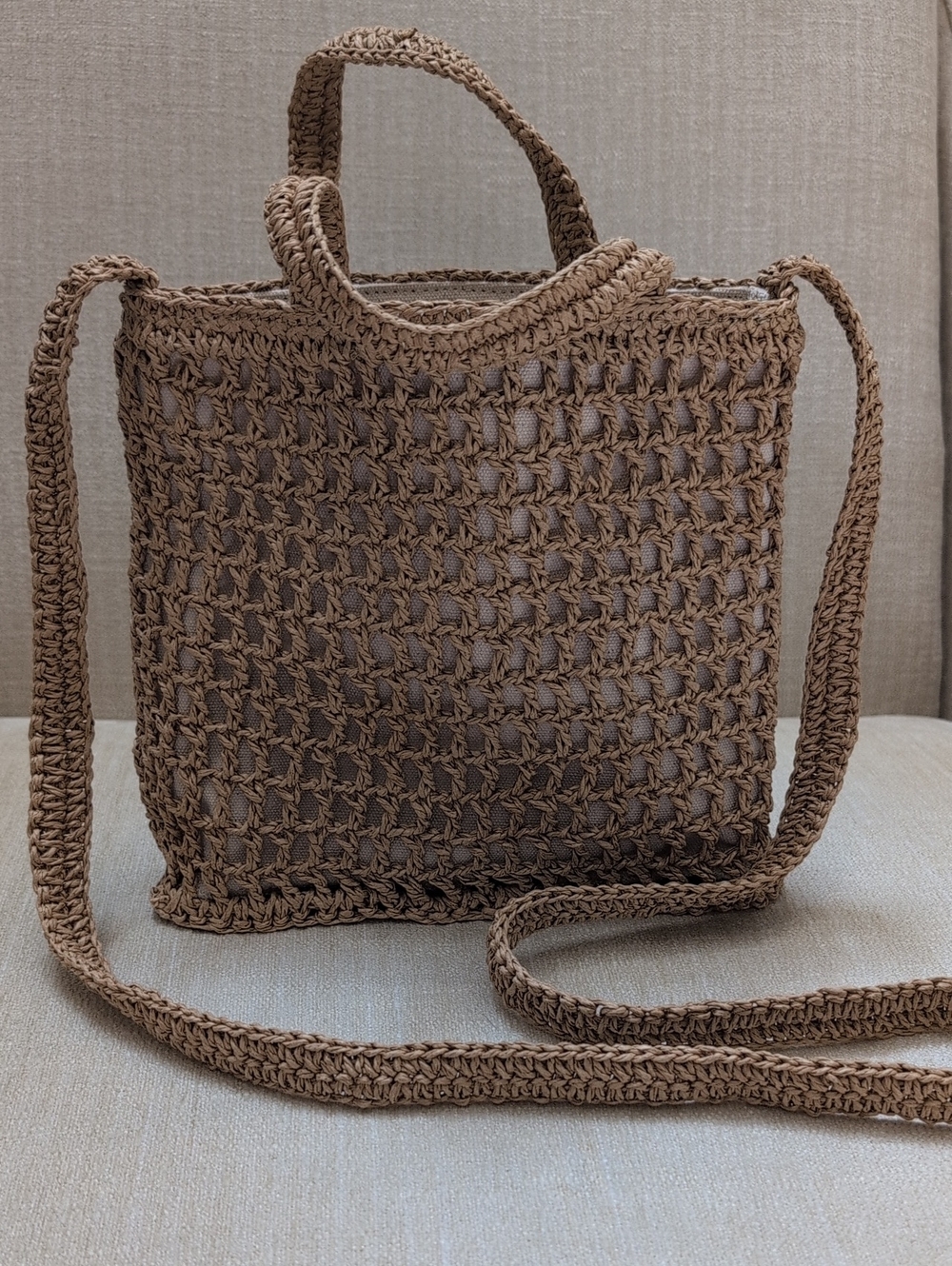 Madewell Brown Crochet Knit Tote Bag - Woven Shoulder & Crossbody Purse Summer